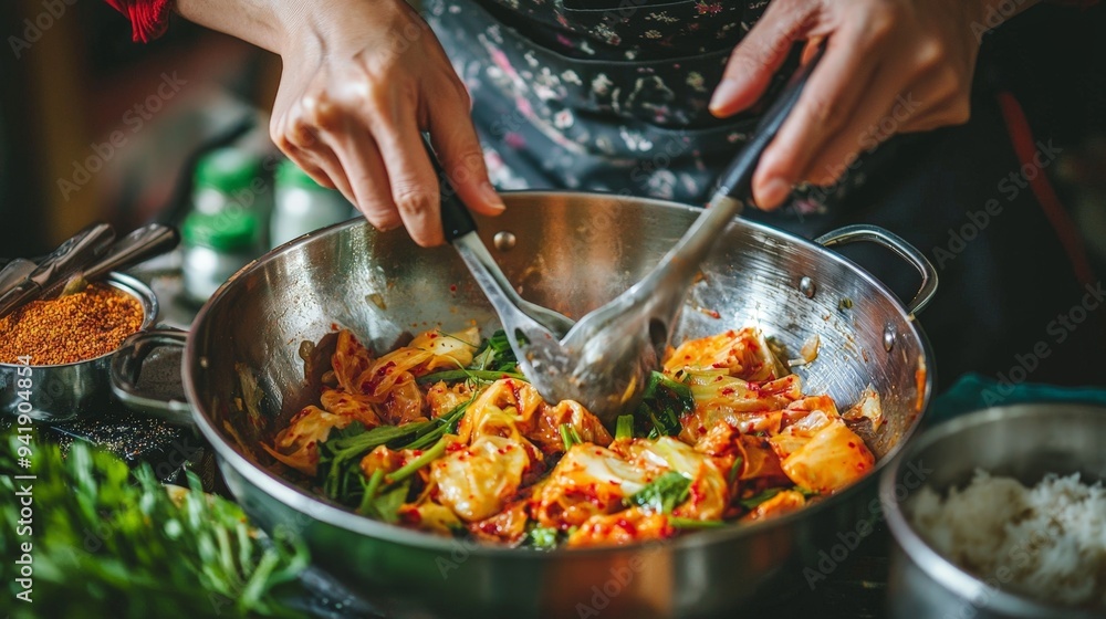 Close-up of hands preparing homemade kimchi, vibrant vegetables and spices, stainless steel bowl, action shot with motion blur, authentic home cooking atmosphere Close-up of hands preparing homemade kimchi, vibrant vegetables and spices, stainless steel bowl, action shot with motion blur, authentic home cooking atmosphere