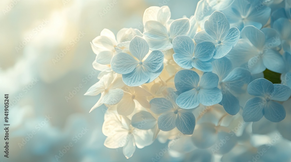 Macro view of a blue hydrangea cluster, with light highlighting the delicate petals -