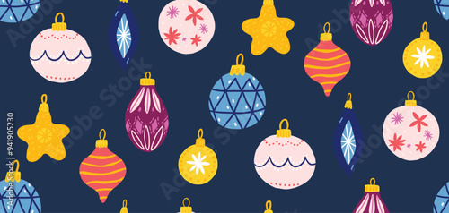 Christmas decor balls and baubles pattern, gift wrapping paper design, flat vector illustrtation of stars and retro decorations on blue background