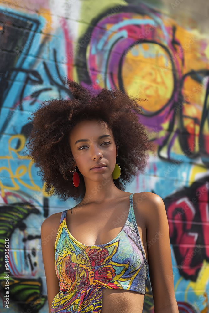 A woman with curly hair is standing in front of a graffiti wall A woman with curly hair is standing in front of a graffiti wall