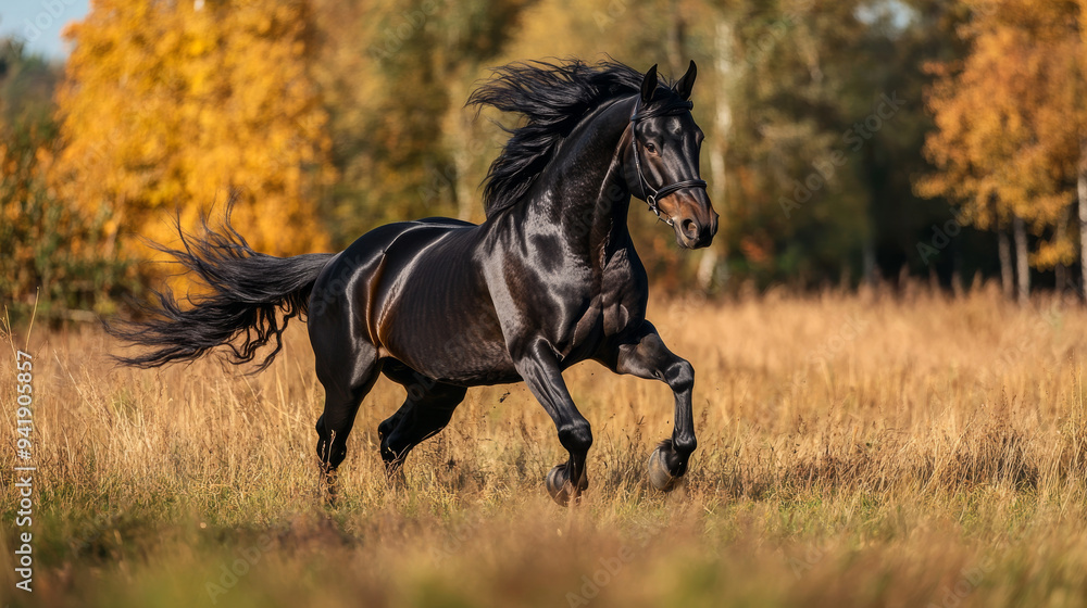 Black Horse Running Through Autumn Field Black Horse Running Through Autumn Field