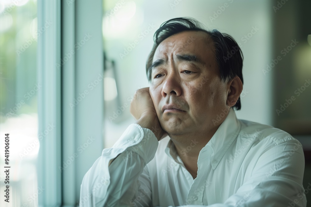 Middle-aged asian man gazing thoughtfully out of a window, reflecting deep contemplation and fatigue in a quiet, softly lit room Middle-aged asian man gazing thoughtfully out of a window, reflecting deep contemplation and fatigue in a quiet, softly lit room