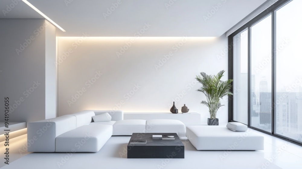 A minimalist living room with sleek furniture, a clean white color scheme, and a few well-placed decorative items, emphasizing simplicity and elegance. A minimalist living room with sleek furniture, a clean white color scheme, and a few well-placed decorative items, emphasizing simplicity and elegance.