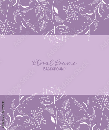 Decorative spring purple background with hand drawn flowers, branches with leaves for card invitation and wedding