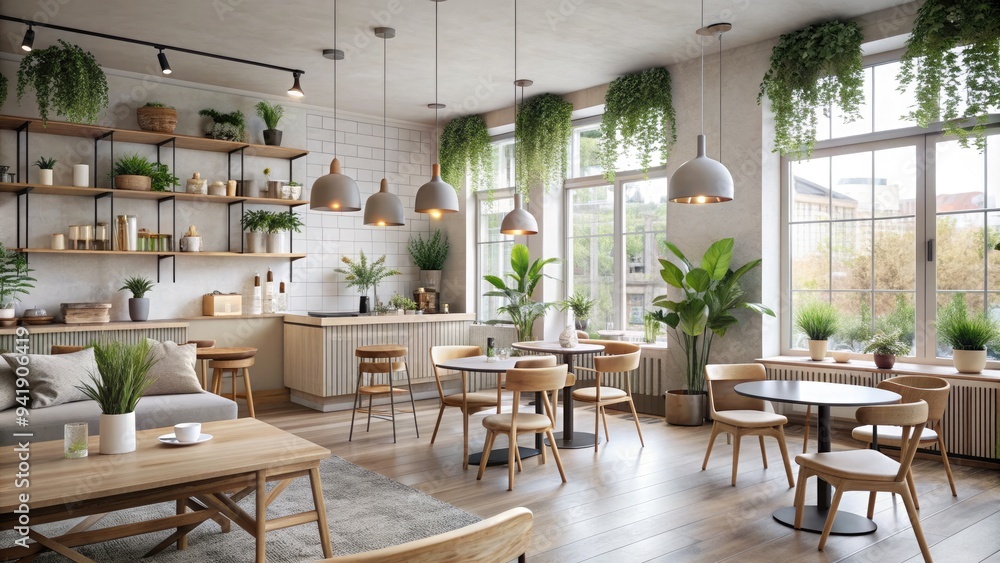 Obraz premium Serene Scandinavian Cafe: 4-star, cozy, minimalistic, neutral, nature-inspired