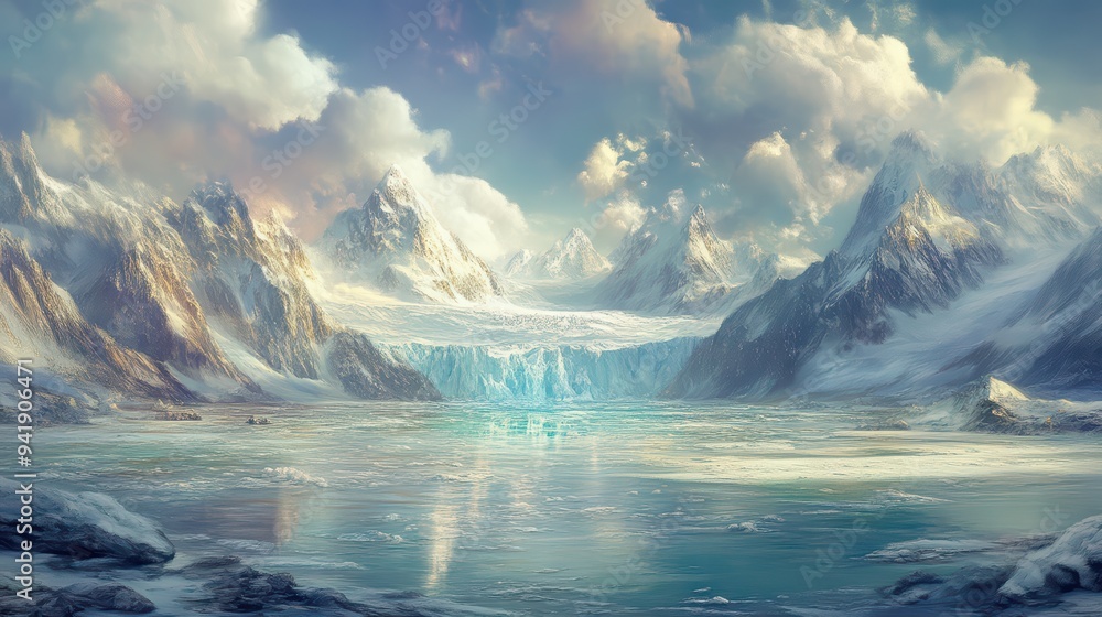 Fototapeta premium A serene, icy landscape featuring majestic mountains, a glimmering glacier, and a tranquil lake reflecting the sky.