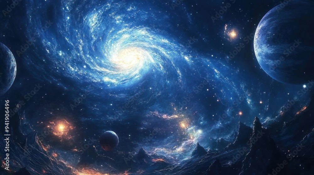 A Blue Spiral Galaxy With Planets and Stars A Blue Spiral Galaxy With Planets and Stars