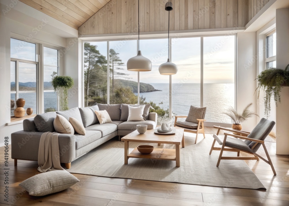 Fototapeta premium Serene Scandinavian Coastal Retreat: Minimalist, light colors, natural elements, organic shapes, functional