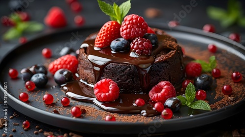 Decadent Chocolate Lava Cake with Fresh Berries and Mint on a Black Plate