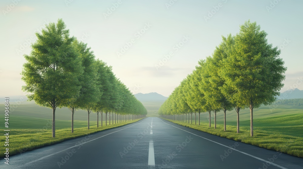 Fototapeta premium A serene landscape with a tree-lined road stretching into the distance, surrounded by lush greenery and distant mountains.