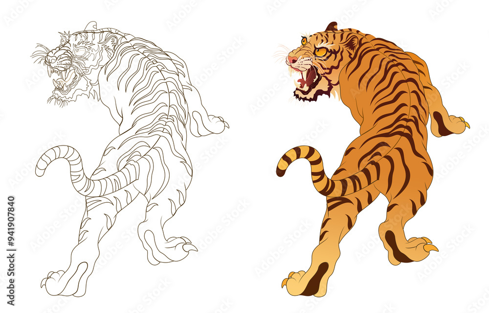 Obraz premium Tiger line artwork, tattoo design, artwork background material, transparent background 건대타투 타투달 호랑이 문신도안