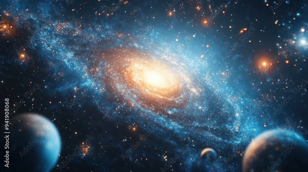 Obraz premium A Spiral Galaxy with Planets and Stars in the Cosmic Void