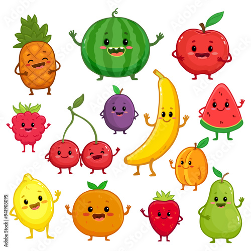 Set of cartoon fruit characters. Cute pineapple, watermelon, apple, strawberry, cherry, banana, pear, lemon, orange, apricot, raspberry, plum with arms and legs for kids. Food illustration. Vector