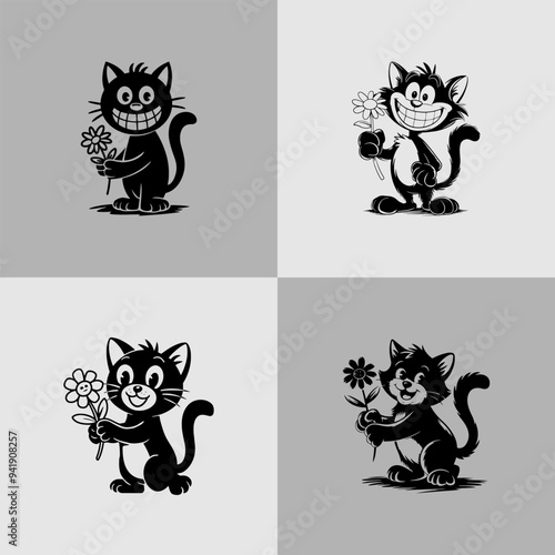 A simple black cartoonish sketch cat figure with a smiling face and holding a flower