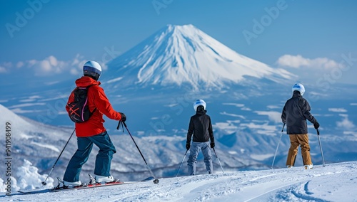 Enjoy the peaceful winter atmosphere with skiers on snowy mountains, perfect for a serene holiday getaway filled with relaxation and outdoor activities in the snowcovered landscape