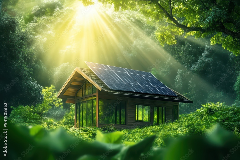 A sustainable house with solar panels nestled in a lush forest, surrounded by vibrant greenery and illuminated by sunlight. A sustainable house with solar panels nestled in a lush forest, surrounded by vibrant greenery and illuminated by sunlight.
