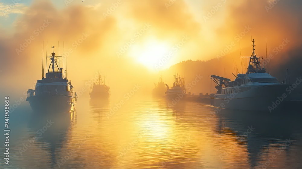 A tranquil scene of boats in fog at sunrise, creating a serene atmosphere with warm light reflecting on water. A tranquil scene of boats in fog at sunrise, creating a serene atmosphere with warm light reflecting on water.