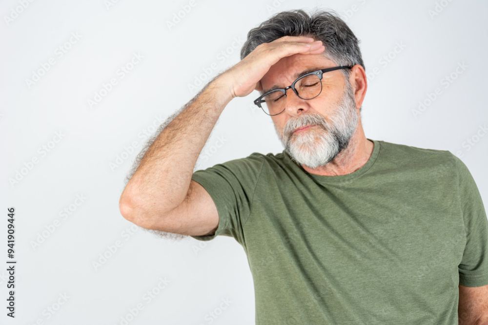 Headache. Senior Man Suffering From Migraine Pain Massaging Temples Standing Isolated. Healthcare, Health Problems In Older Age Concept. Upset Senior Gray Haired Man Closed Eyes Touching Head Headache. Senior Man Suffering From Migraine Pain Massaging Temples Standing Isolated. Healthcare, Health Problems In Older Age Concept. Upset Senior Gray Haired Man Closed Eyes Touching Head