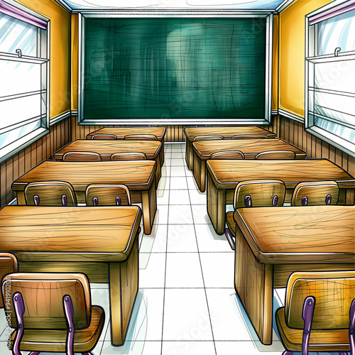 Classic school room design with chalkboard. Empty, bright and tidy classroom with wooden desks and green blackboard illustration photo