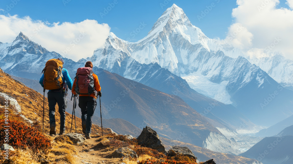 Obraz premium Two Hikers on a Mountain Trail with Breathtaking Views