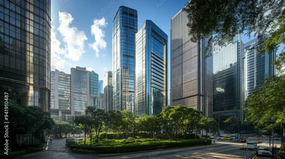 Fototapeta premium A panoramic shot of high-rise office buildings in the city center, with a mix of modern and classic architectural styles.