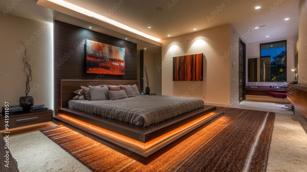 A panoramic view of a contemporary bedroom with a platform bed, modern artwork, and soft lighting, creating a stylish and inviting space. A panoramic view of a contemporary bedroom with a platform bed, modern artwork, and soft lighting, creating a stylish and inviting space.
