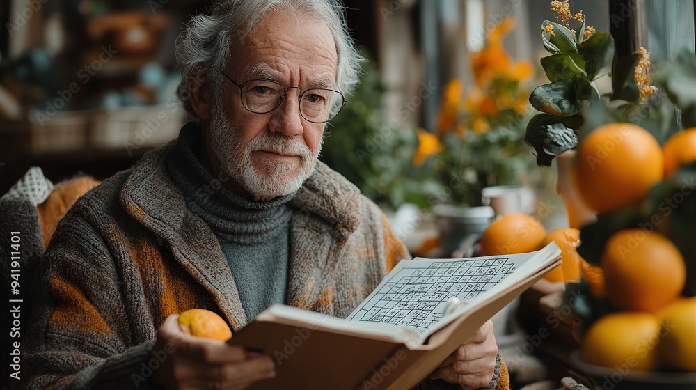 man eating breakfast doing crosswords at home senior.stock image man eating breakfast doing crosswords at home senior.stock image