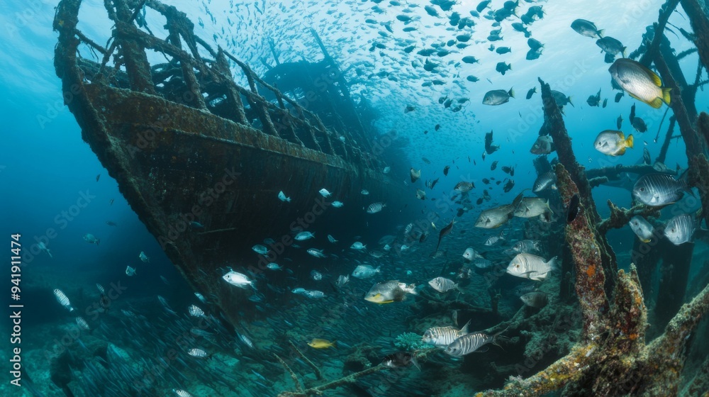 Fototapeta premium A panoramic view of a dense shoal of fish swimming near a shipwreck, with the underwater structure providing a dramatic backdrop.