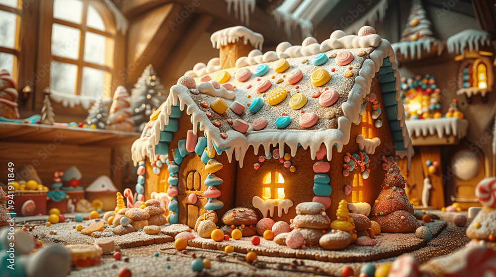 A gingerbread house with festive decor, surrounded by snowy trees and sugar men, creating a Christmas fairy tale atmosphere in a winter landscape. A gingerbread house with festive decor, surrounded by snowy trees and sugar men, creating a Christmas fairy tale atmosphere in a winter landscape.