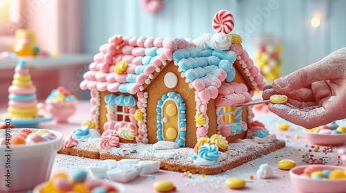 A gingerbread house with festive decor, surrounded by snowy trees and sugar men, creating a Christmas fairy tale atmosphere in a winter landscape.