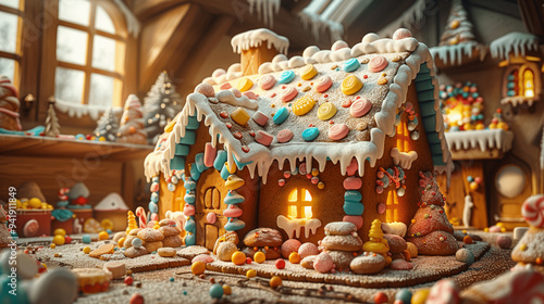 A gingerbread house with festive decor, surrounded by snowy trees and sugar men, creating a Christmas fairy tale atmosphere in a winter landscape.