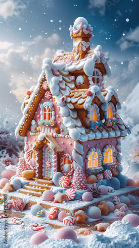 A gingerbread house with festive decor, surrounded by snowy trees and sugar men, creating a Christmas fairy tale atmosphere in a winter landscape.