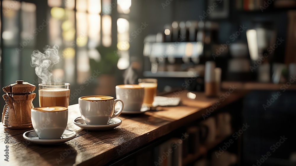 A bustling cafe scene with coffee cups lined up on a counter, steam rising from freshly brewed drinks, photorealistic, hyper-resolution, lively morning energy A bustling cafe scene with coffee cups lined up on a counter, steam rising from freshly brewed drinks, photorealistic, hyper-resolution, lively morning energy