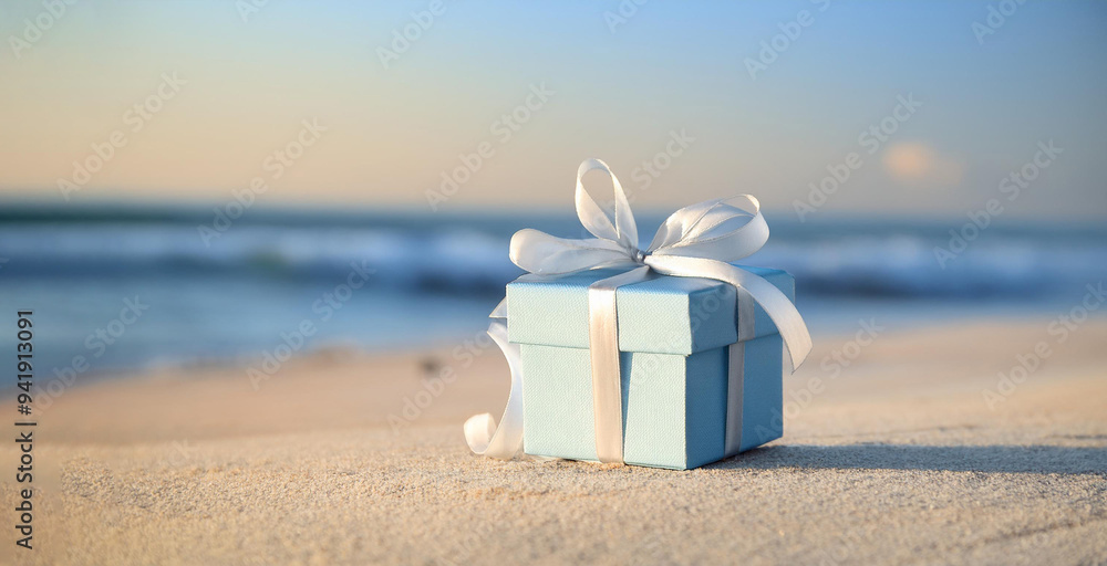 Naklejka premium A small, pastel blue gift box with a white ribbon is placed on a sandy beach