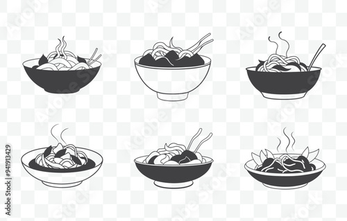 Print Pad Kee Mao Drunken Noodles Art Vector Set Authentic Thai StirFried Noodle Dish Illustration