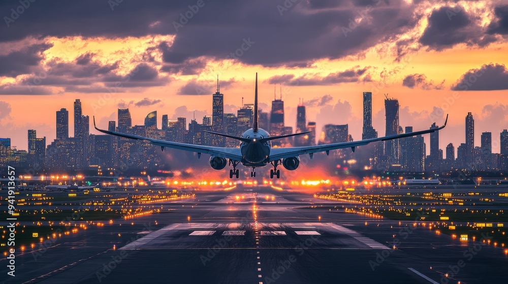 Obraz premium A panoramic view of an airplane taking off with a bustling airport terminal in the foreground and the cityscape stretching out behind.