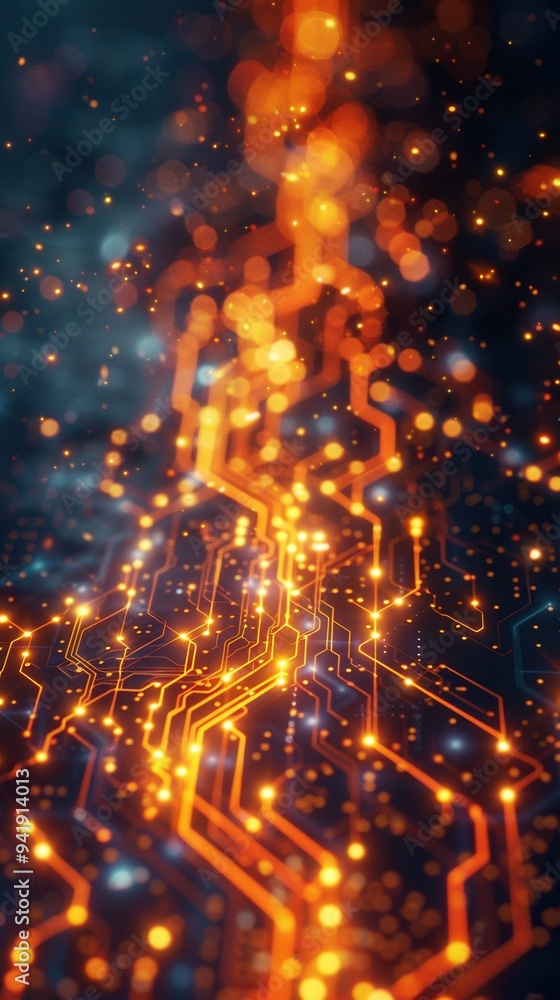 Close-up of a glowing circuit board with orange light trails, representing technology, innovation, and digital advancement. Close-up of a glowing circuit board with orange light trails, representing technology, innovation, and digital advancement.