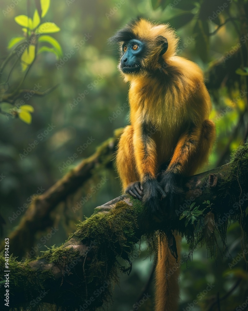 Fototapeta premium a Rhinopithecus monkey sitting on a moss-covered tree branch in a dense forest