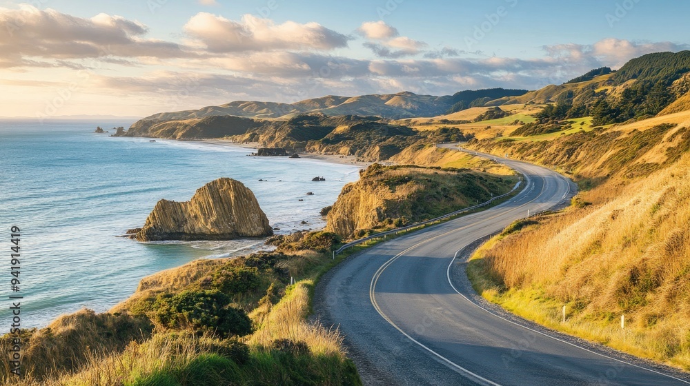Wide shot of a coastal road with stunning ocean views and dramatic cliffs, under a bright, sunny sky Wide shot of a coastal road with stunning ocean views and dramatic cliffs, under a bright, sunny sky