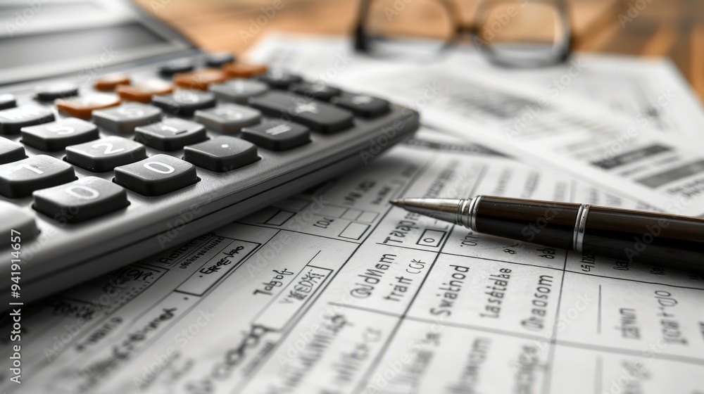 Calculating finances with precision on a wooden desk surrounded by paperwork and a calculator late in the day. Generative AI Calculating finances with precision on a wooden desk surrounded by paperwork and a calculator late in the day. Generative AI