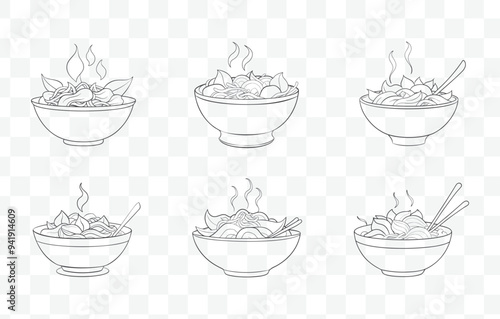 Print Pad See Ew Noodle Stir Fry Art Vector Set with Vegetables and Meat Illustrations in Asian Cuisine Style