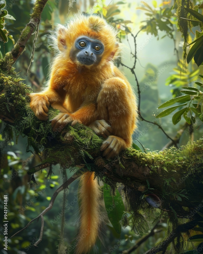 Fototapeta premium a Rhinopithecus monkey sitting on a moss-covered tree branch in a dense forest