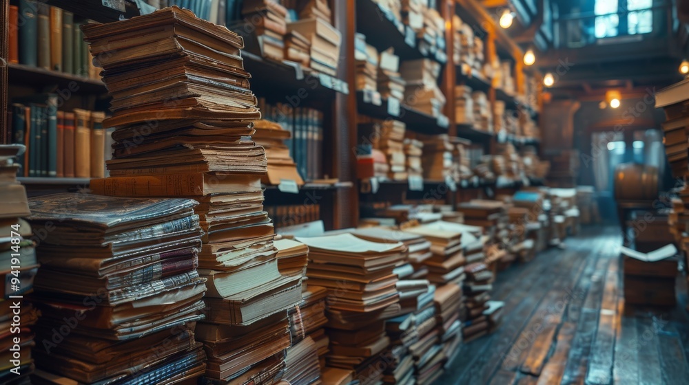 A cozy corner in an ancient library filled with stacks of old books, warm lights creating a magical atmosphere. Generative AI A cozy corner in an ancient library filled with stacks of old books, warm lights creating a magical atmosphere. Generative AI