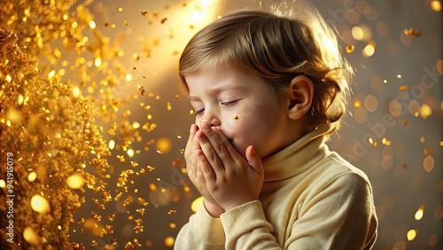 Sneeze Symphony: Child sneezing in slow motion, serene, elegant, gold, amber photo