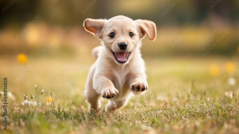 A playful puppy bounding through a field, with its ears flopping and a sense of excitement in its movements. A playful puppy bounding through a field, with its ears flopping and a sense of excitement in its movements.