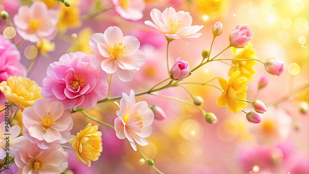 - Soft, delicate colors (e.g., pink, yellow) - Soft, delicate colors (e.g., pink, yellow)