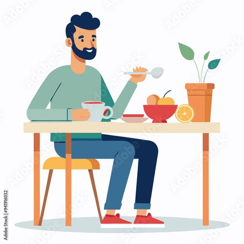 Man Enjoying Breakfast Vector Art