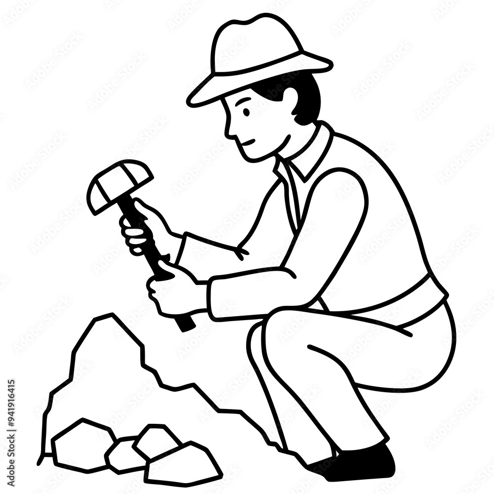 Geologist at Work Rock Examination with Hammer Geologist at Work Rock Examination with Hammer