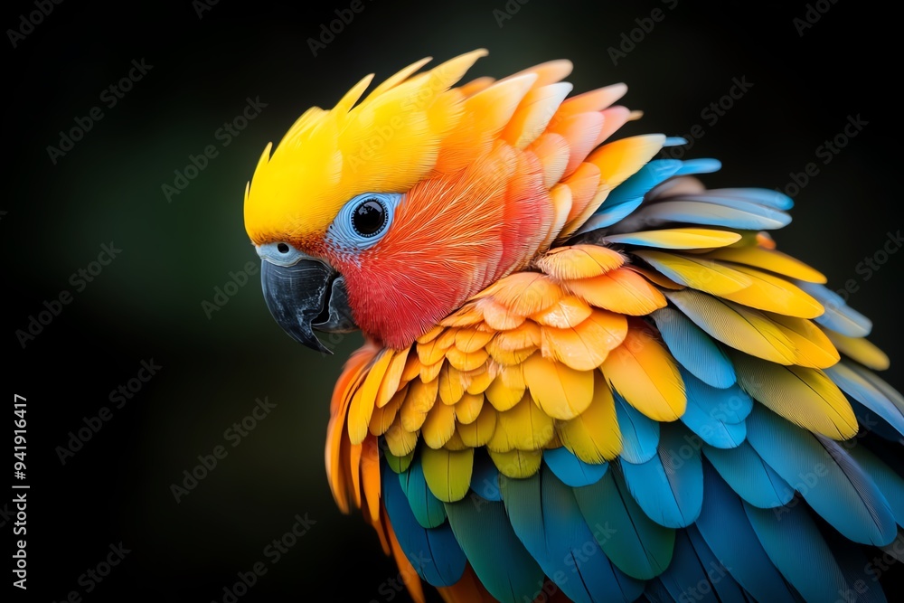 Obraz premium Beautiful birds with vibrant, multi-colored feathers highlighted in a close-up photo, showcasing their stunning beauty
