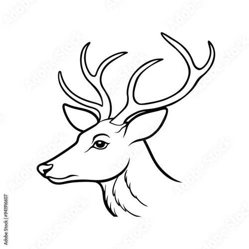 Single line art vector of a deer head in side view with a white background, minimalist and elegant.